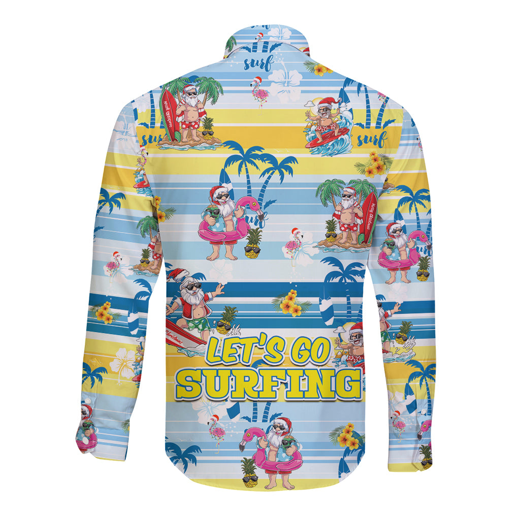 Surfing Christmas Long Sleeve Button Shirt Tropical Santa Let's Go Surfing - Wonder Print Shop