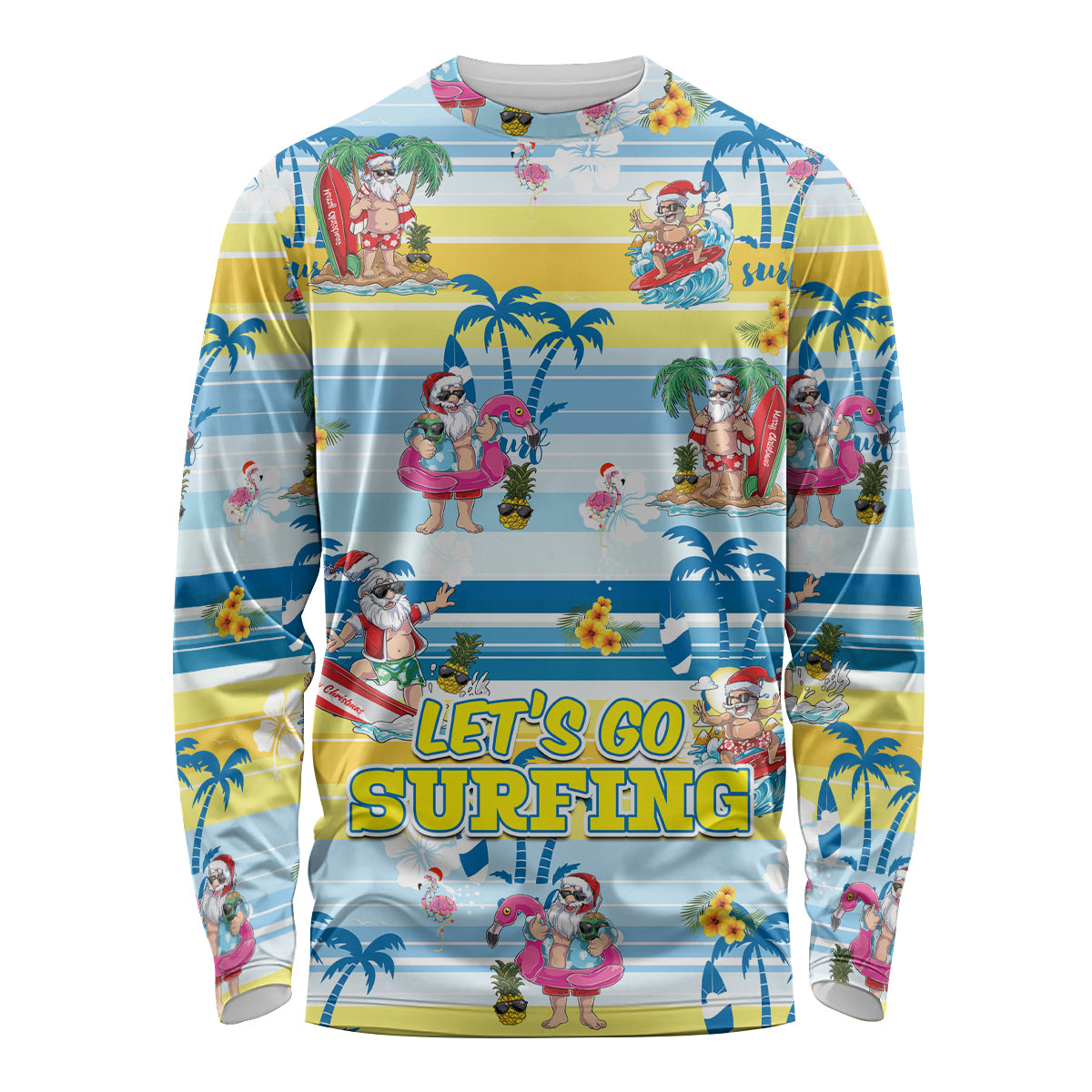 Surfing Christmas Long Sleeve Shirt Tropical Santa Let's Go Surfing - Wonder Print Shop