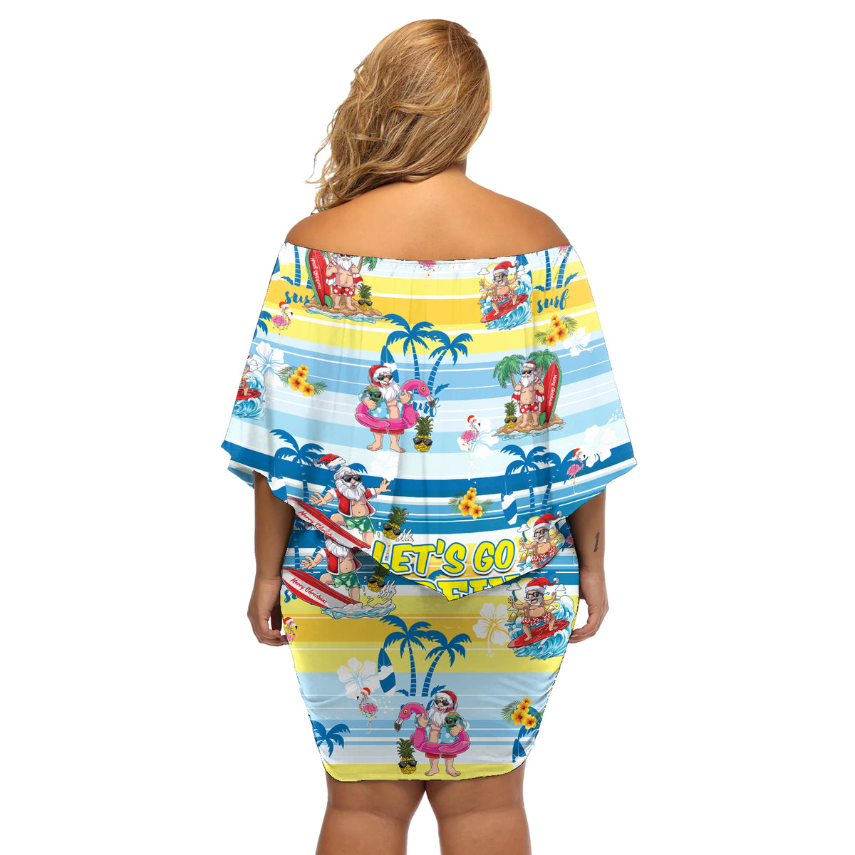 Surfing Christmas Off Shoulder Short Dress Tropical Santa Let's Go Surfing - Wonder Print Shop