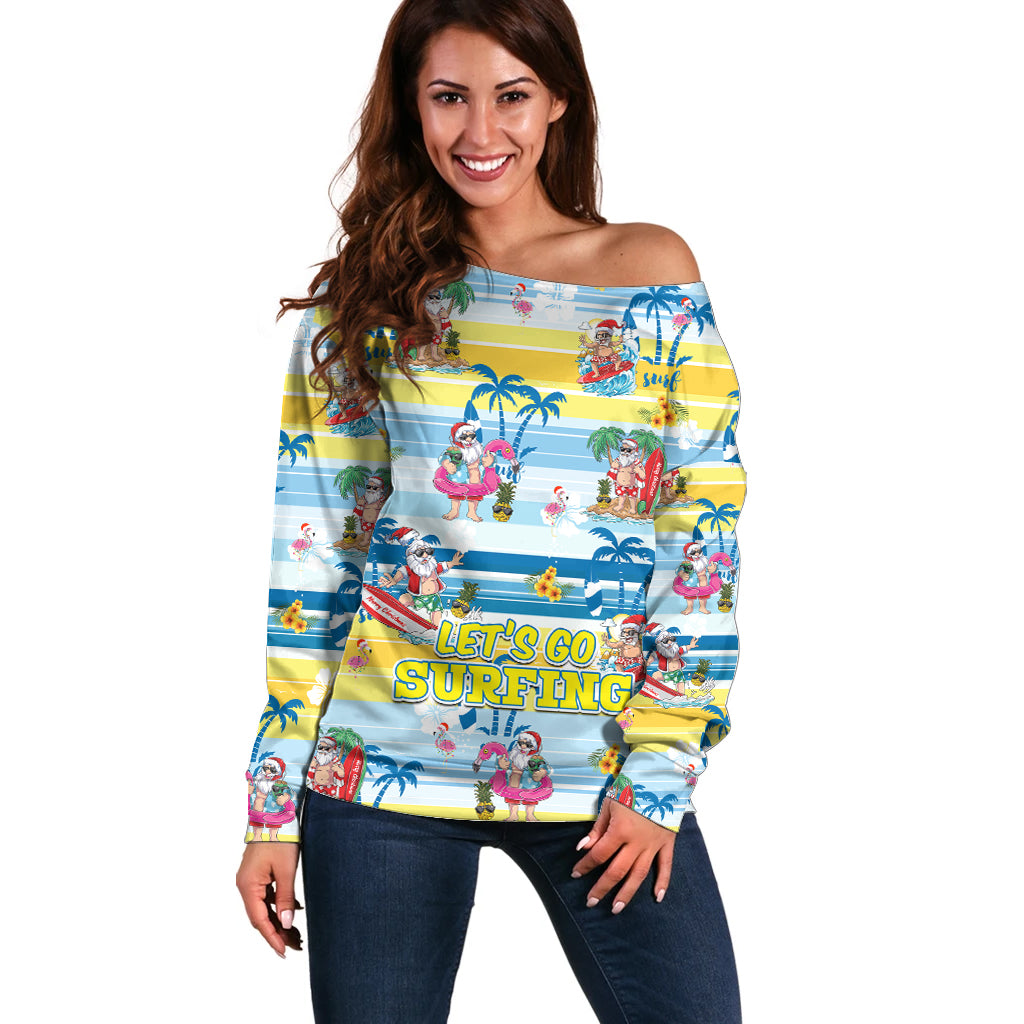 Surfing Christmas Off Shoulder Sweater Tropical Santa Let's Go Surfing - Wonder Print Shop