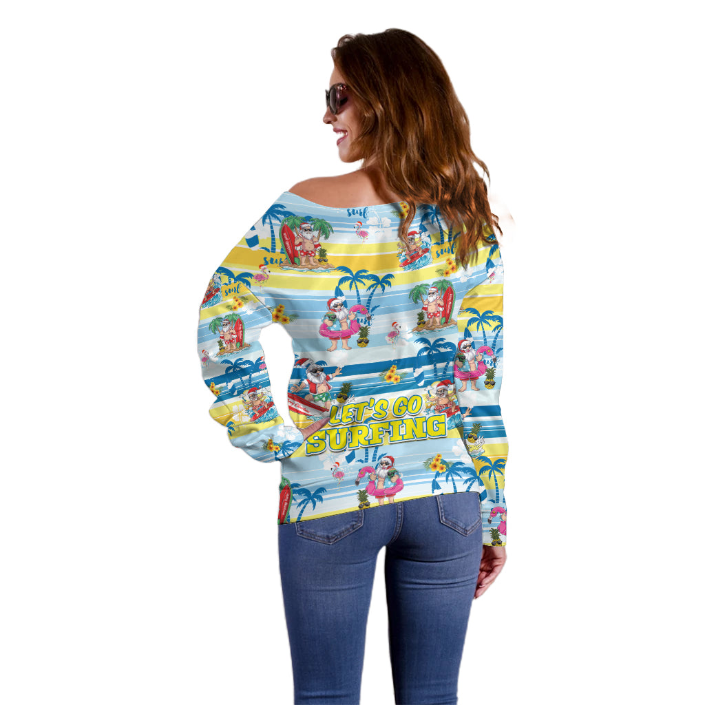 Surfing Christmas Off Shoulder Sweater Tropical Santa Let's Go Surfing - Wonder Print Shop