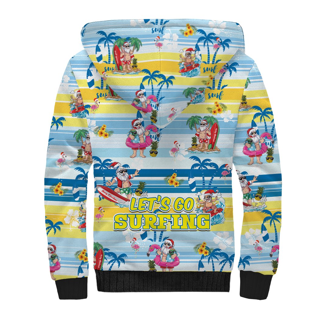 Surfing Christmas Sherpa Hoodie Tropical Santa Let's Go Surfing - Wonder Print Shop