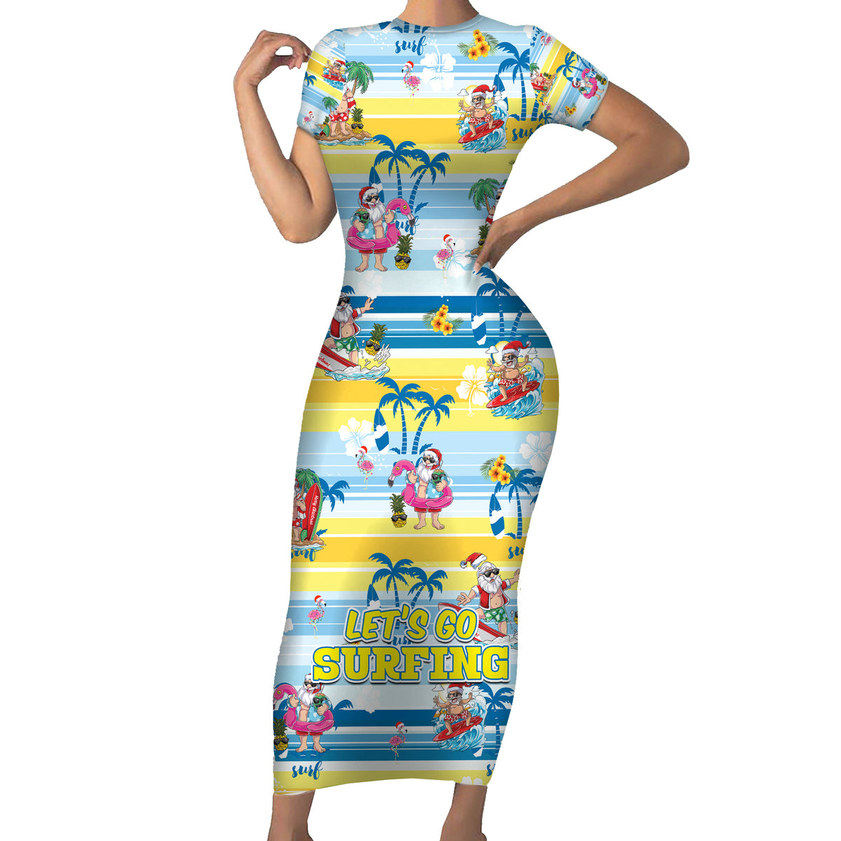 Surfing Christmas Short Sleeve Bodycon Dress Tropical Santa Let's Go Surfing - Wonder Print Shop