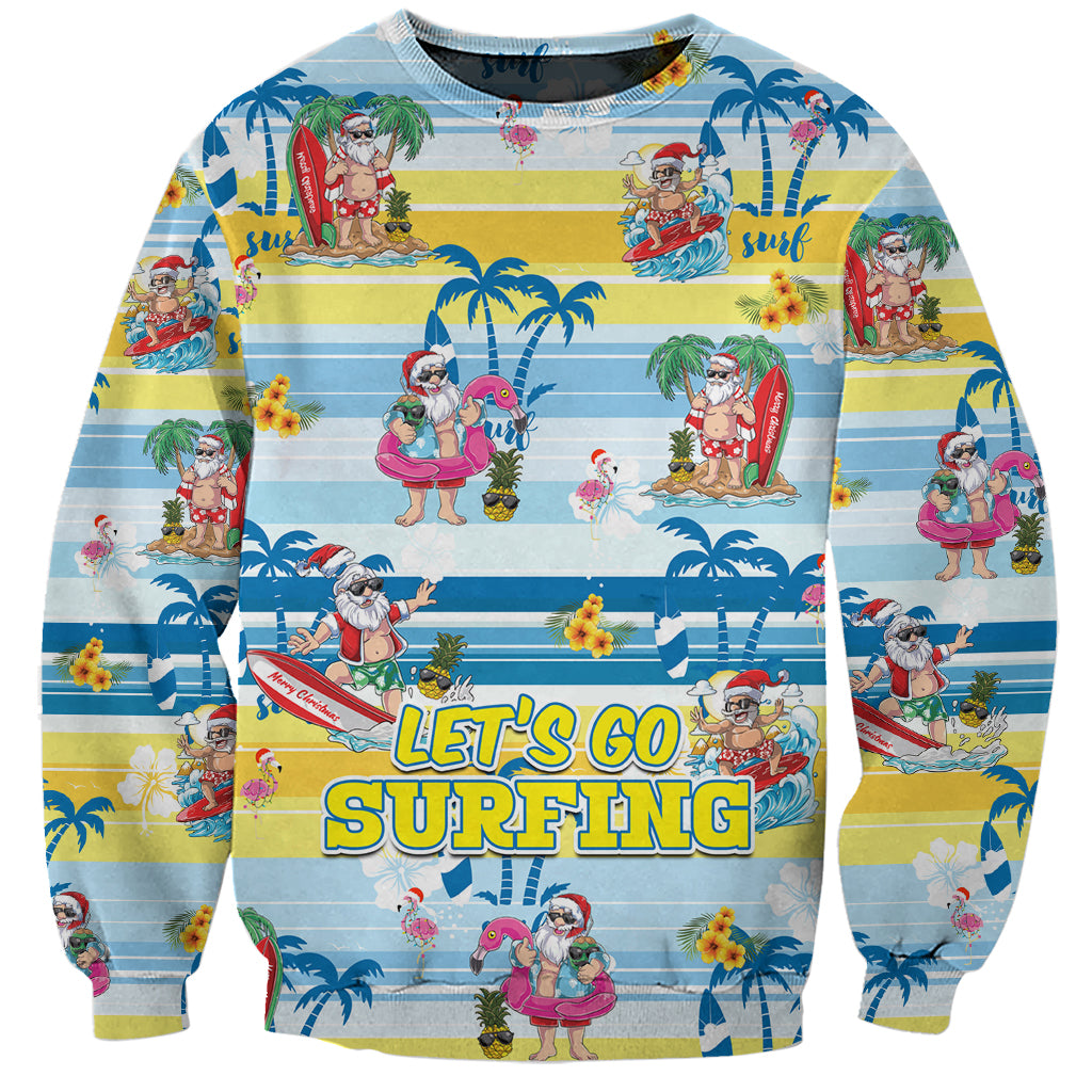 Surfing Christmas Sweatshirt Tropical Santa Let's Go Surfing - Wonder Print Shop