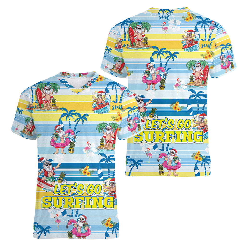 Surfing Christmas Women V Neck T Shirt Tropical Santa Let's Go Surfing - Wonder Print Shop