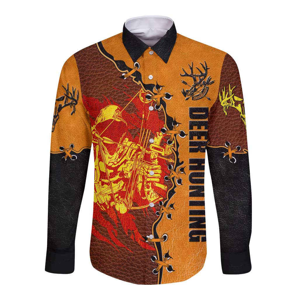Skull Deer Hunting Long Sleeve Button Shirt Vintage Leather Bow Hunter - Wonder Print Shop