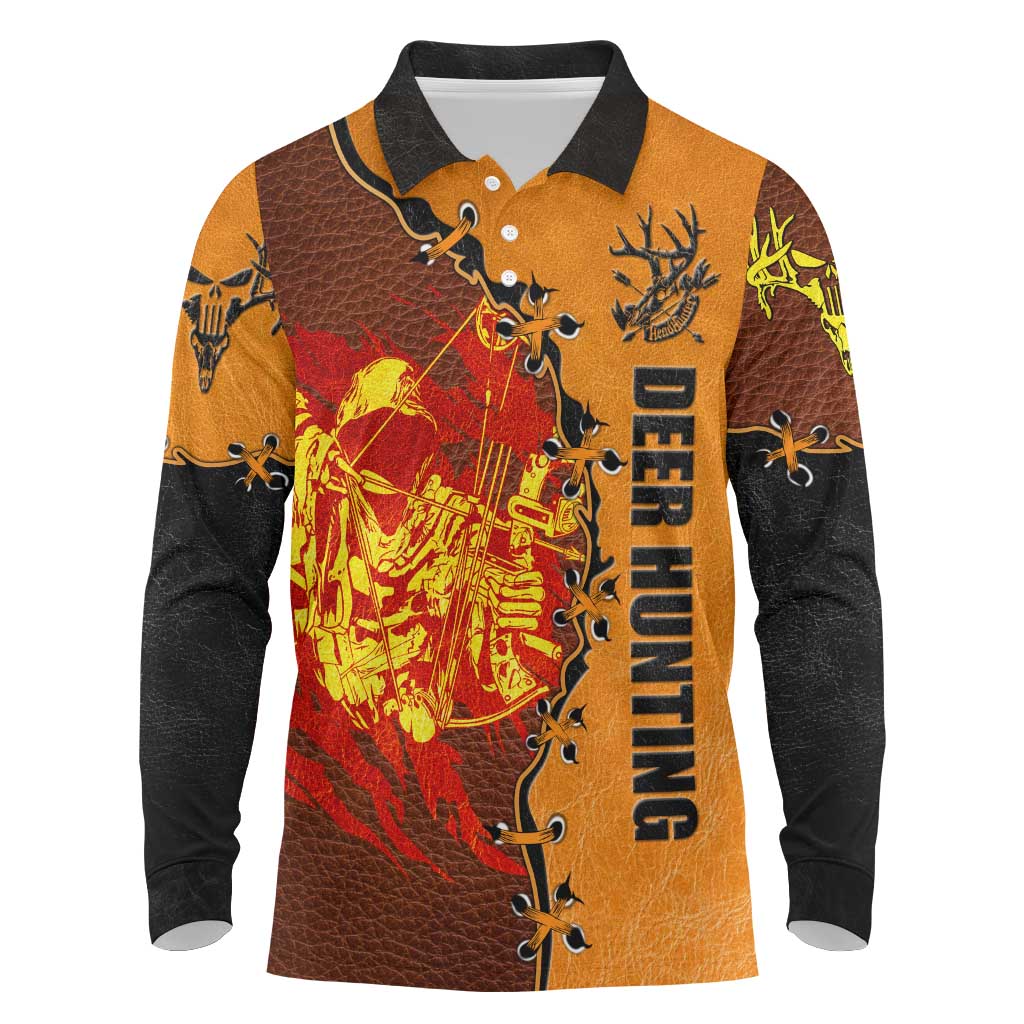 Skull Deer Hunting Long Sleeve Polo Shirt Vintage Leather Bow Hunter - Wonder Print Shop