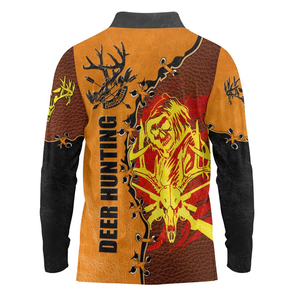 Skull Deer Hunting Long Sleeve Polo Shirt Vintage Leather Bow Hunter - Wonder Print Shop