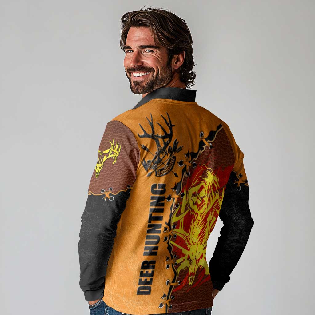Skull Deer Hunting Long Sleeve Polo Shirt Vintage Leather Bow Hunter - Wonder Print Shop