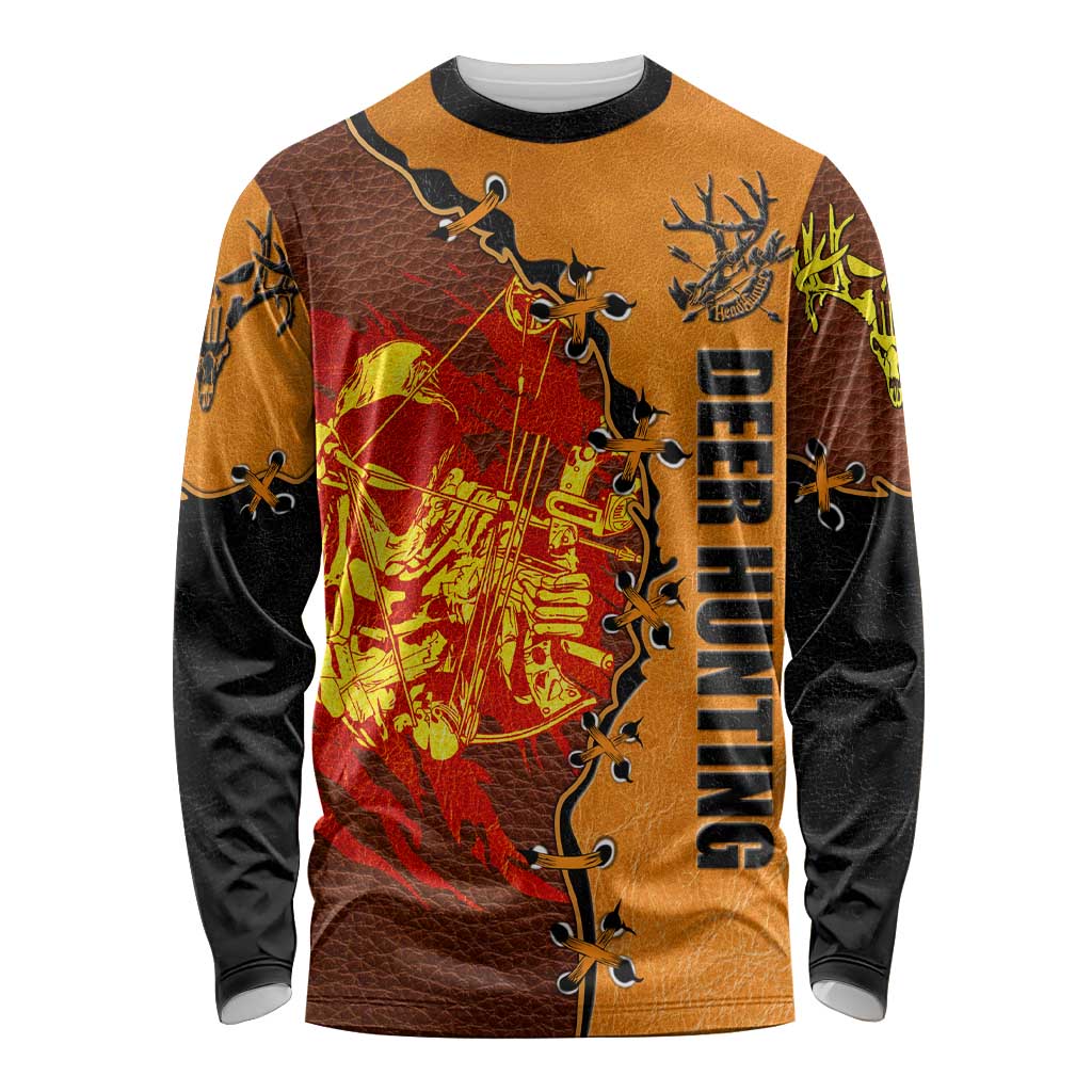 Skull Deer Hunting Long Sleeve Shirt Vintage Leather Bow Hunter - Wonder Print Shop