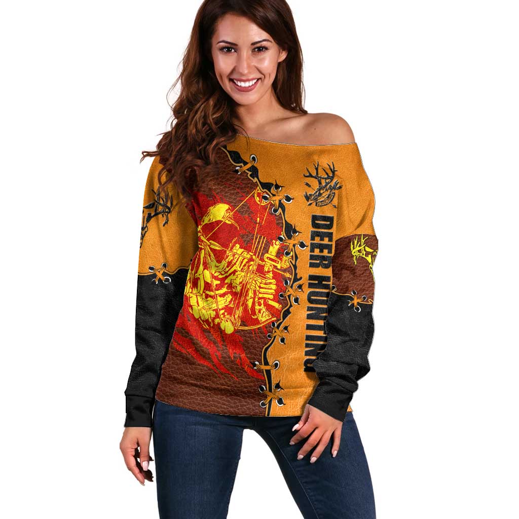 Skull Deer Hunting Off Shoulder Sweater Vintage Leather Bow Hunter - Wonder Print Shop