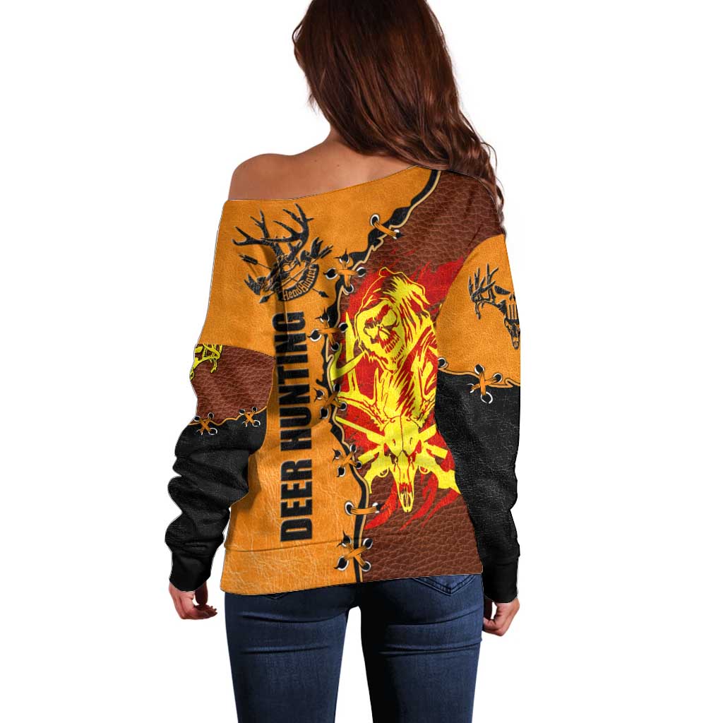 Skull Deer Hunting Off Shoulder Sweater Vintage Leather Bow Hunter - Wonder Print Shop