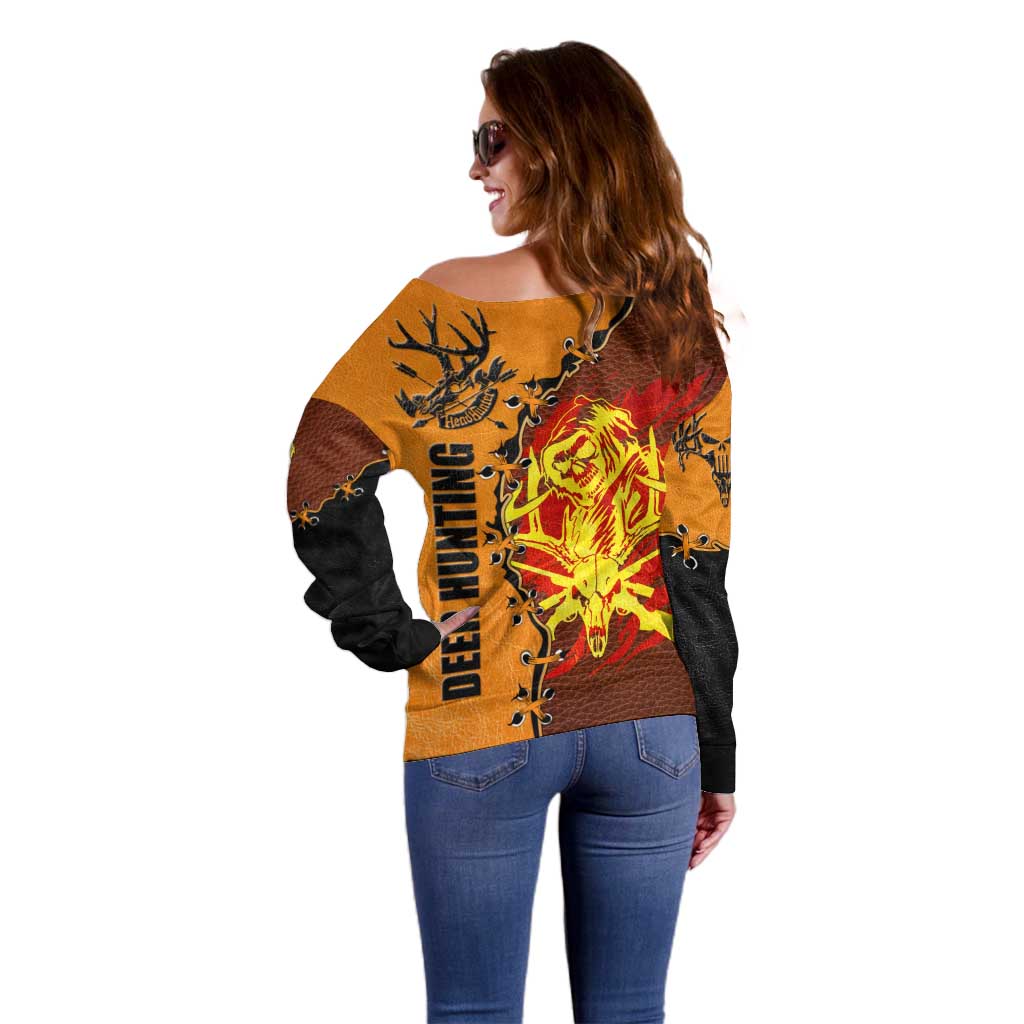 Skull Deer Hunting Off Shoulder Sweater Vintage Leather Bow Hunter - Wonder Print Shop