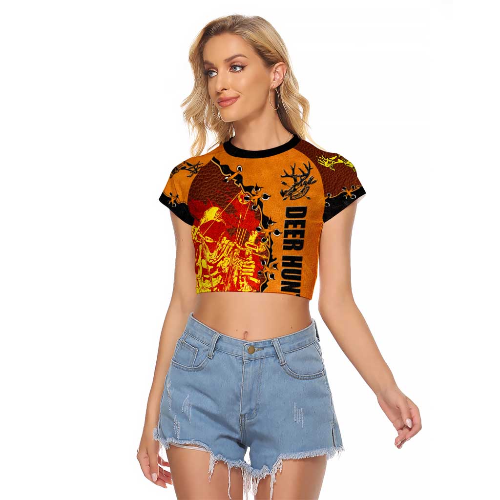 Skull Deer Hunting Raglan Cropped T Shirt Vintage Leather Bow Hunter - Wonder Print Shop