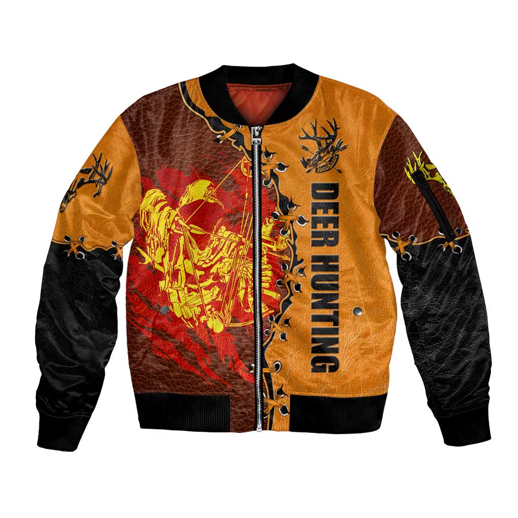 Skull Deer Hunting Sleeve Zip Bomber Jacket Vintage Leather Bow Hunter - Wonder Print Shop