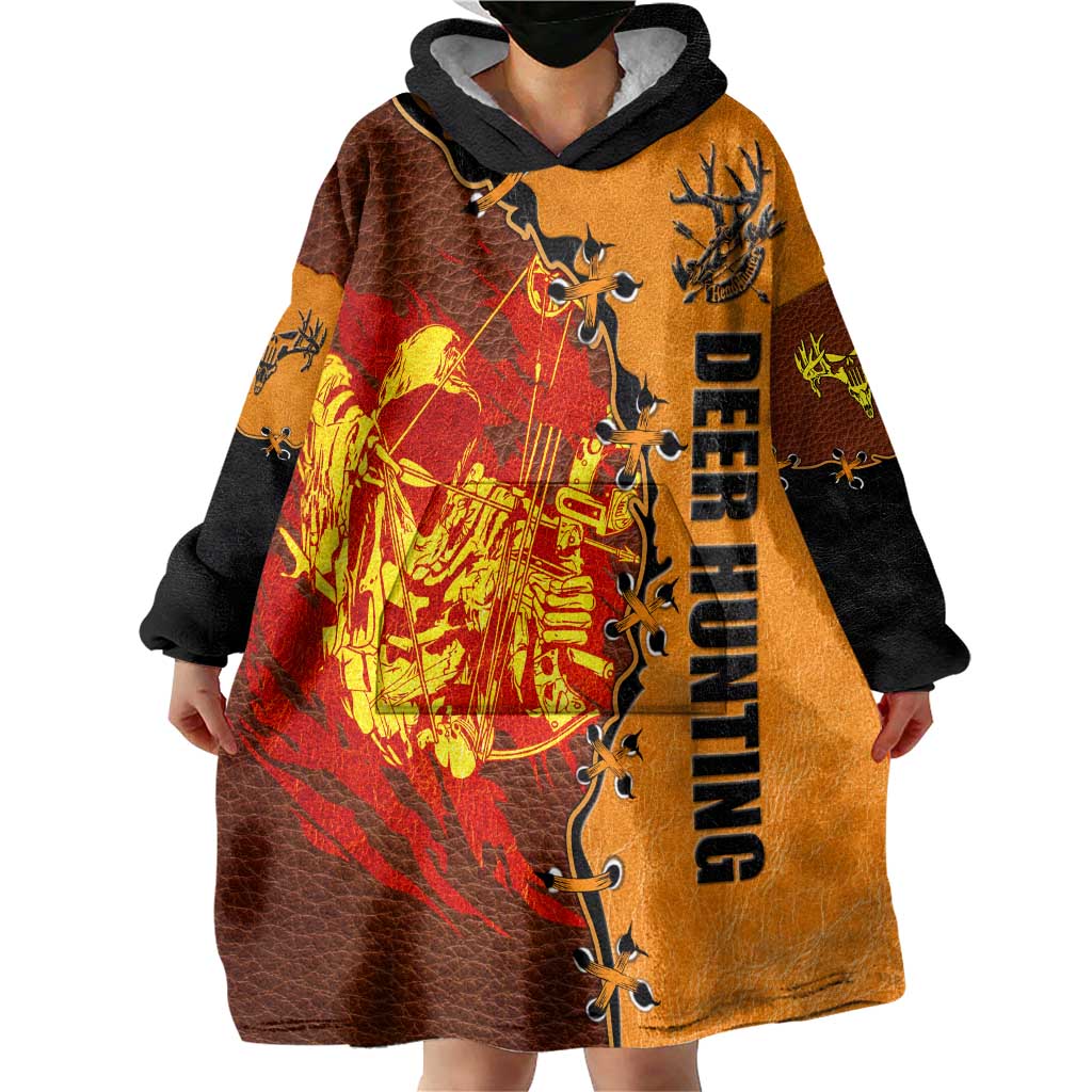 Skull Deer Hunting Wearable Blanket Hoodie Vintage Leather Bow Hunter - Wonder Print Shop