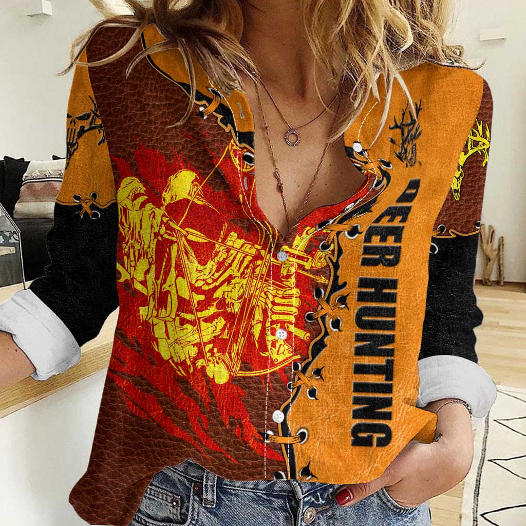 Skull Deer Hunting Women Casual Shirt Vintage Leather Bow Hunter - Wonder Print Shop
