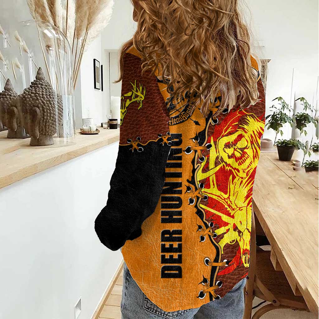 Skull Deer Hunting Women Casual Shirt Vintage Leather Bow Hunter - Wonder Print Shop