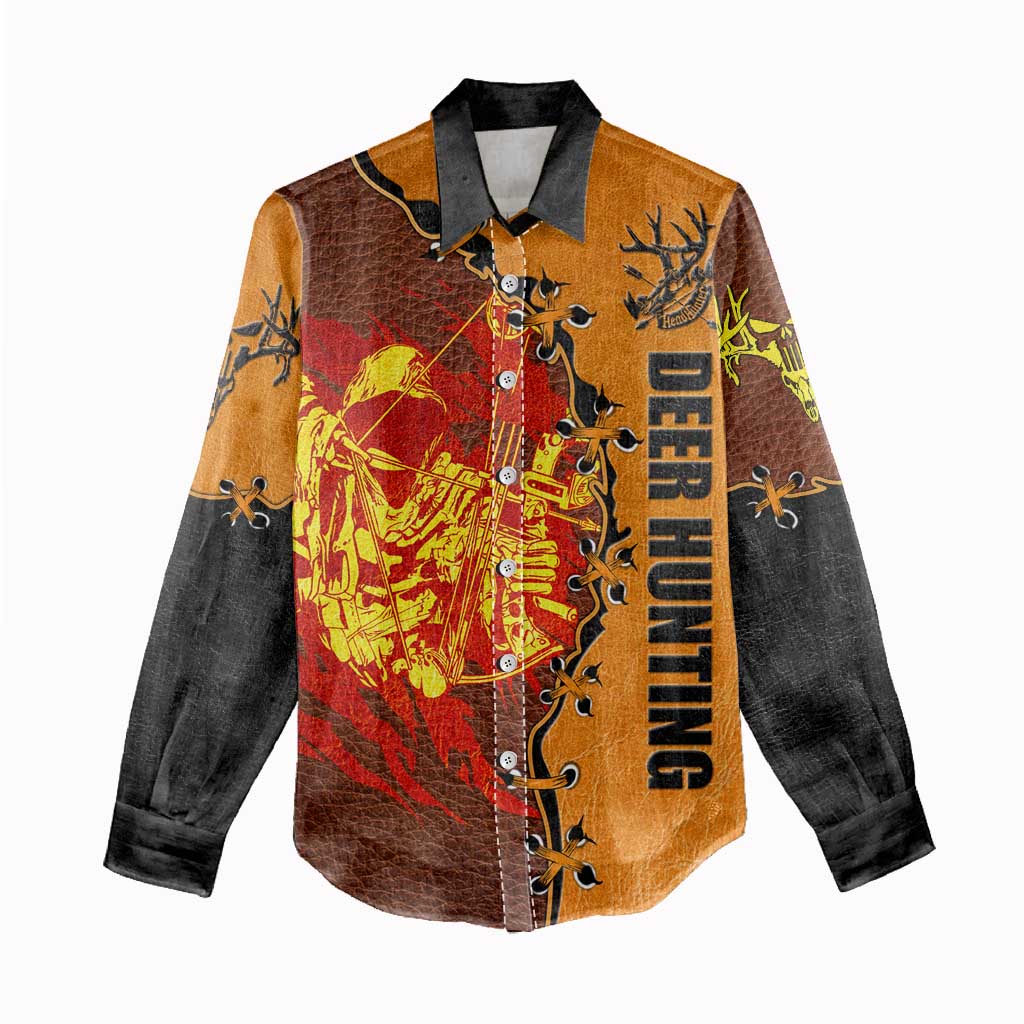 Skull Deer Hunting Women Casual Shirt Vintage Leather Bow Hunter - Wonder Print Shop