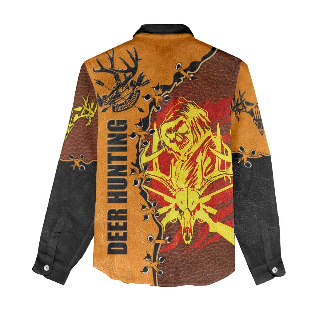 Skull Deer Hunting Women Casual Shirt Vintage Leather Bow Hunter - Wonder Print Shop