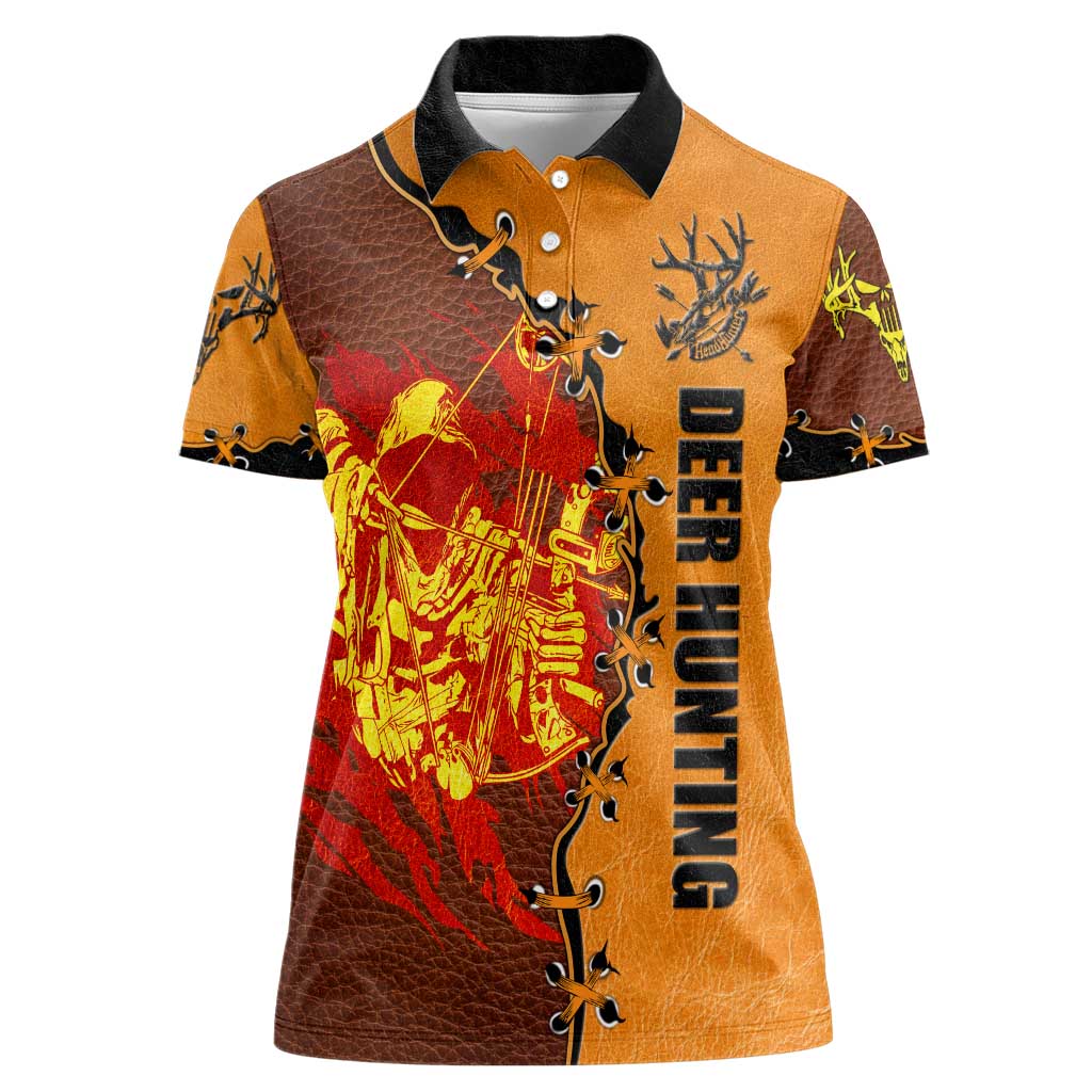 Skull Deer Hunting Women Polo Shirt Vintage Leather Bow Hunter - Wonder Print Shop