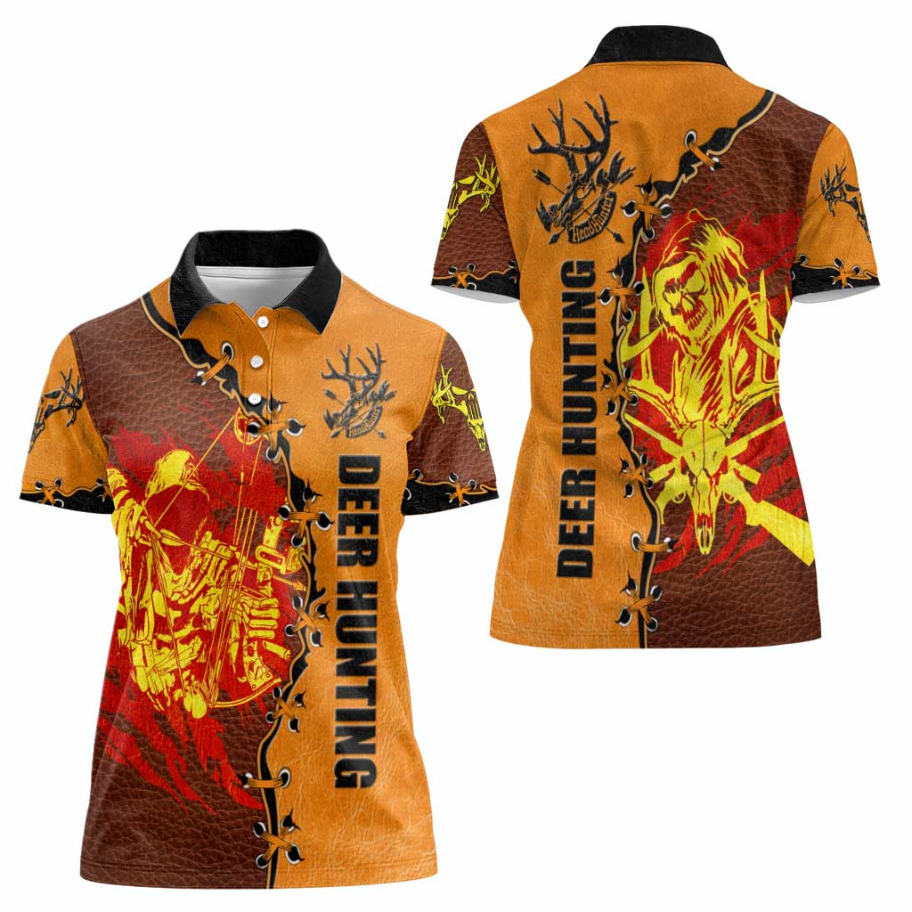 Skull Deer Hunting Women Polo Shirt Vintage Leather Bow Hunter - Wonder Print Shop