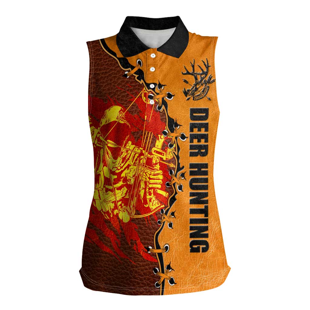 Skull Deer Hunting Women Sleeveless Polo Shirt Vintage Leather Bow Hunter - Wonder Print Shop