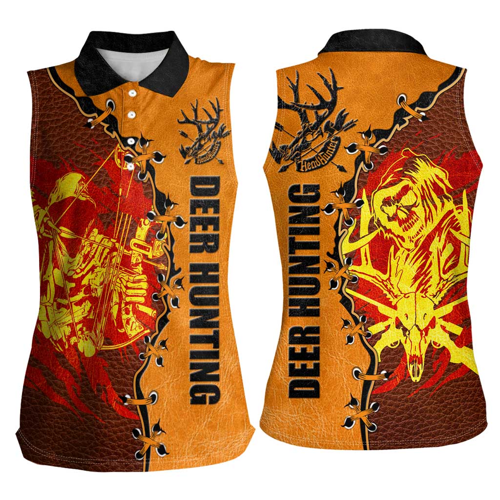 Skull Deer Hunting Women Sleeveless Polo Shirt Vintage Leather Bow Hunter - Wonder Print Shop