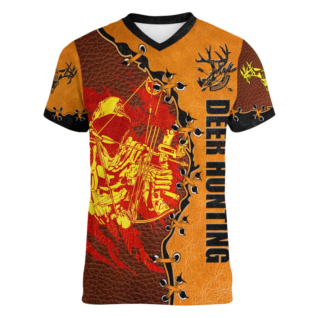 Skull Deer Hunting Women V-Neck T-Shirt Vintage Leather Bow Hunter - Wonder Print Shop