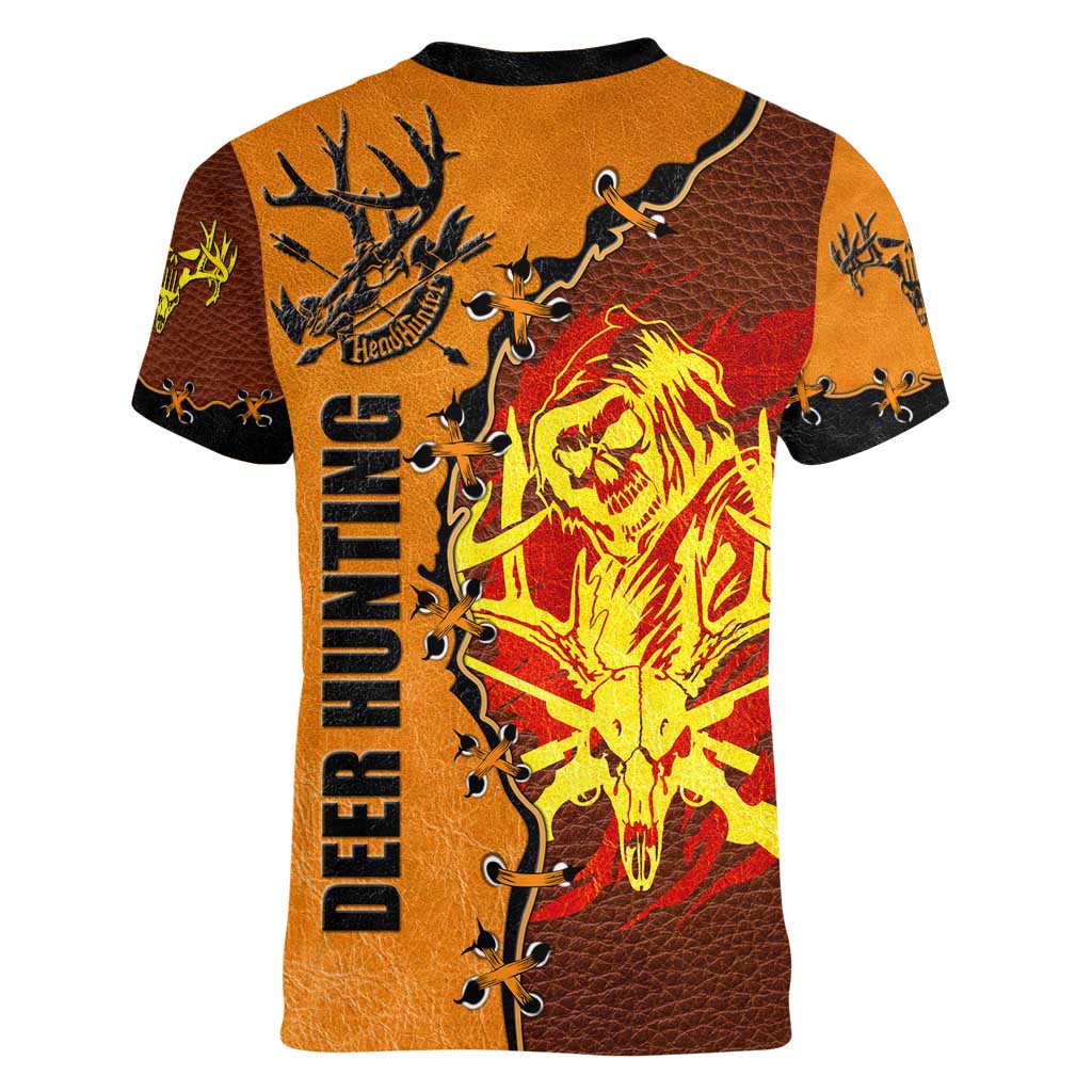 Skull Deer Hunting Women V-Neck T-Shirt Vintage Leather Bow Hunter - Wonder Print Shop