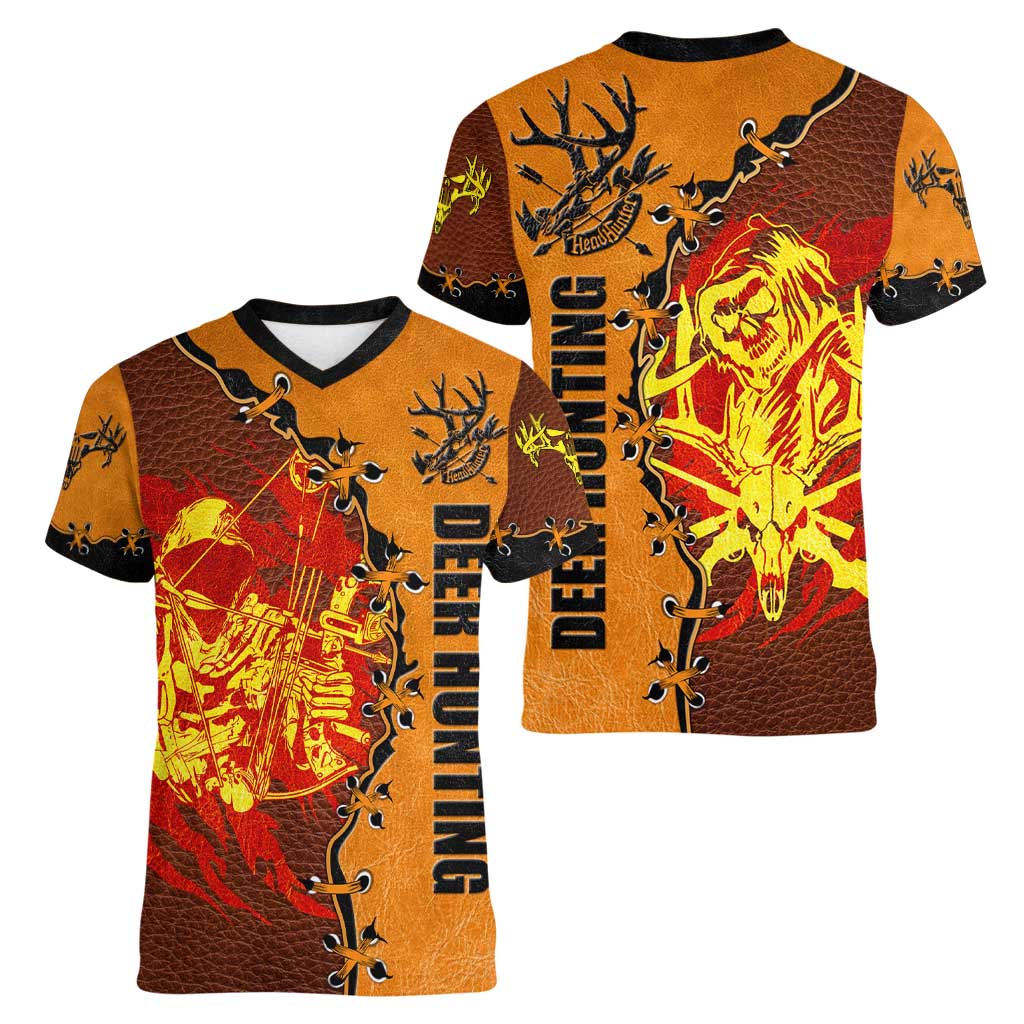 Skull Deer Hunting Women V-Neck T-Shirt Vintage Leather Bow Hunter - Wonder Print Shop