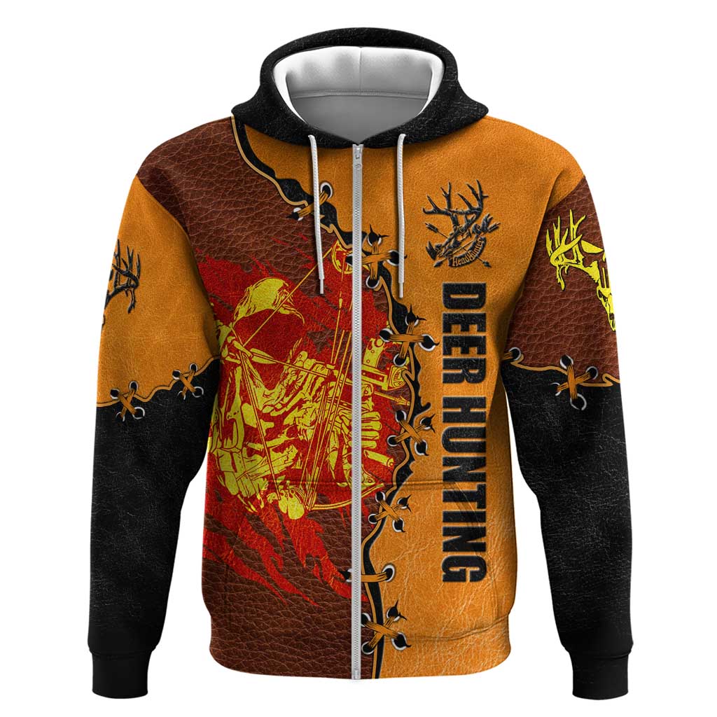 Skull Deer Hunting Zip Hoodie Vintage Leather Bow Hunter - Wonder Print Shop