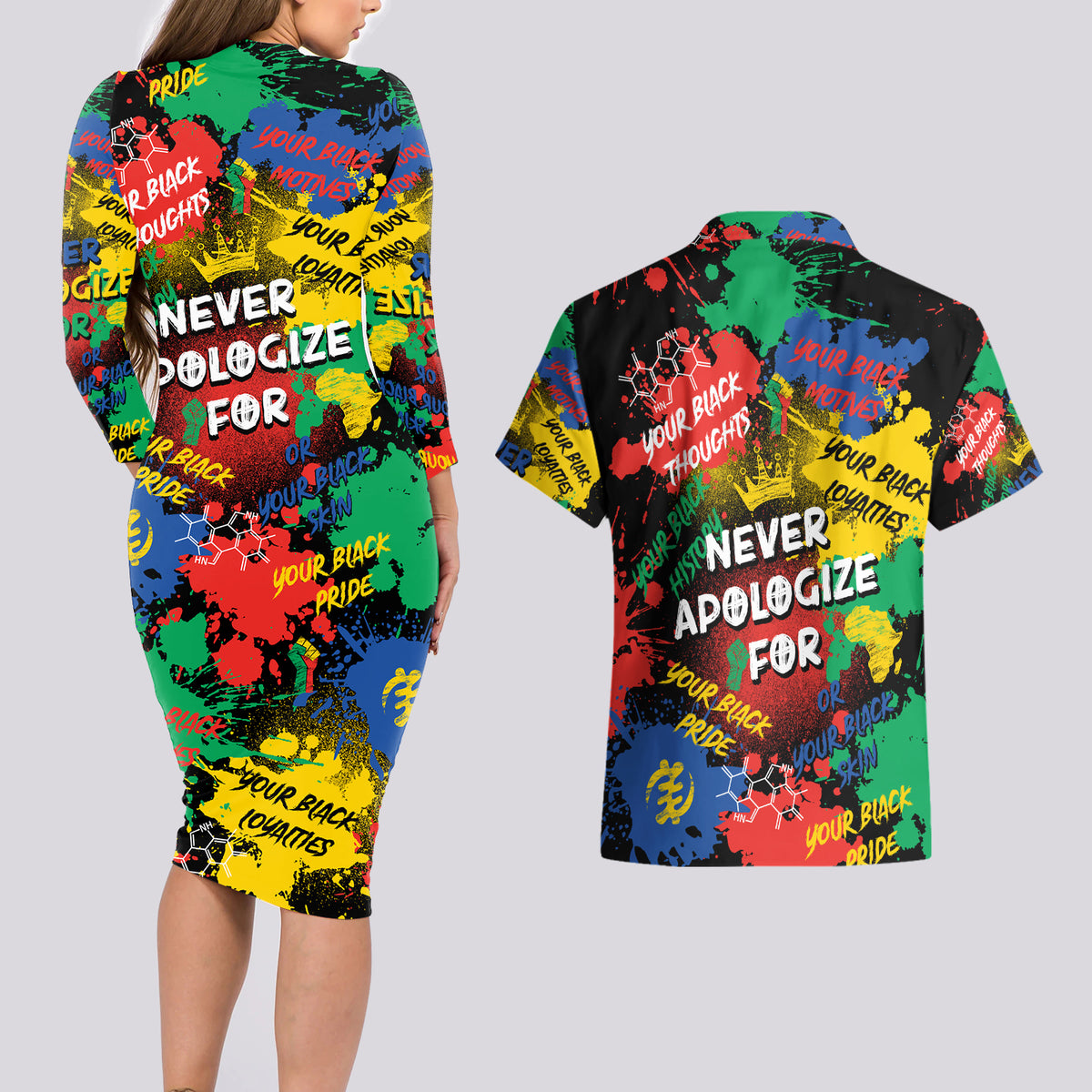Never Apologize For Being Black Couples Matching Long Sleeve Bodycon Dress and Hawaiian Shirt - Wonder Print Shop