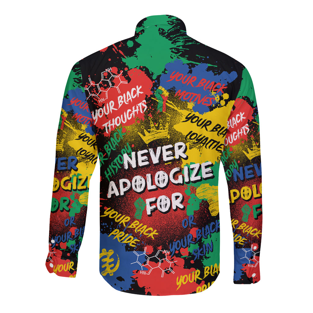 Never Apologize For Being Black Long Sleeve Button Shirt - Wonder Print Shop