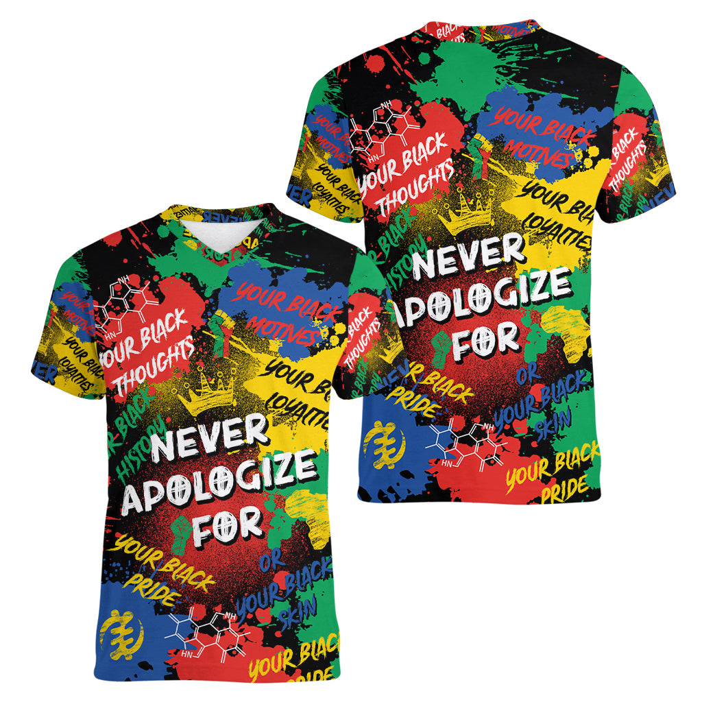 Never Apologize For Being Black Women V Neck T Shirt - Wonder Print Shop