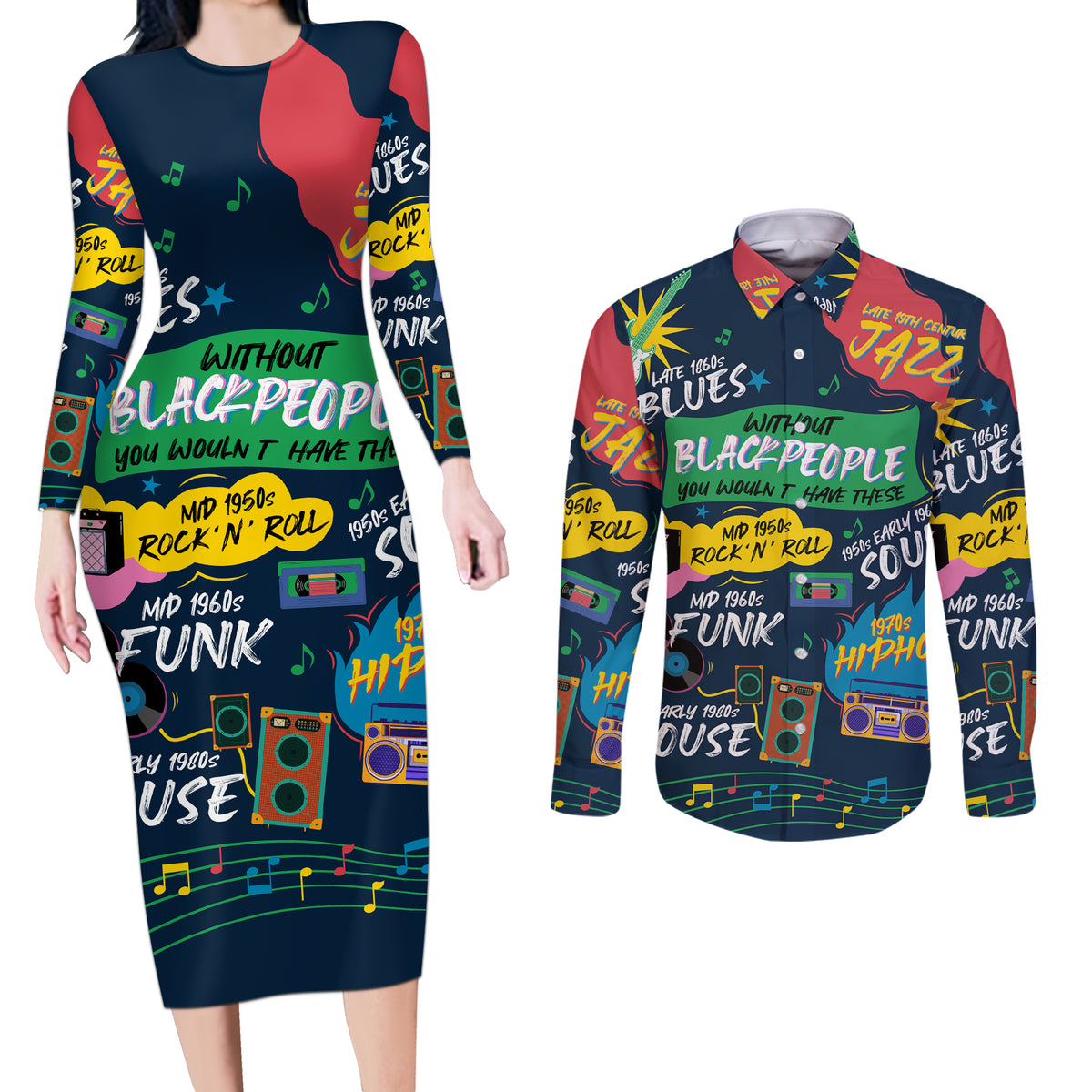 Music That Makes Us Proud African Couples Matching Long Sleeve Bodycon Dress and Long Sleeve Button Shirt Black People - Wonder Print Shop