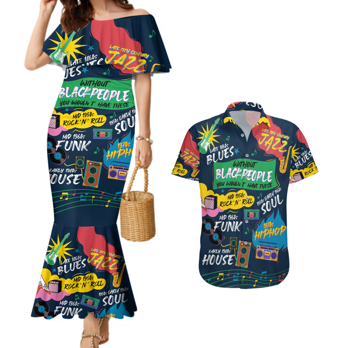Music That Makes Us Proud African Couples Matching Mermaid Dress and Hawaiian Shirt Black People - Wonder Print Shop