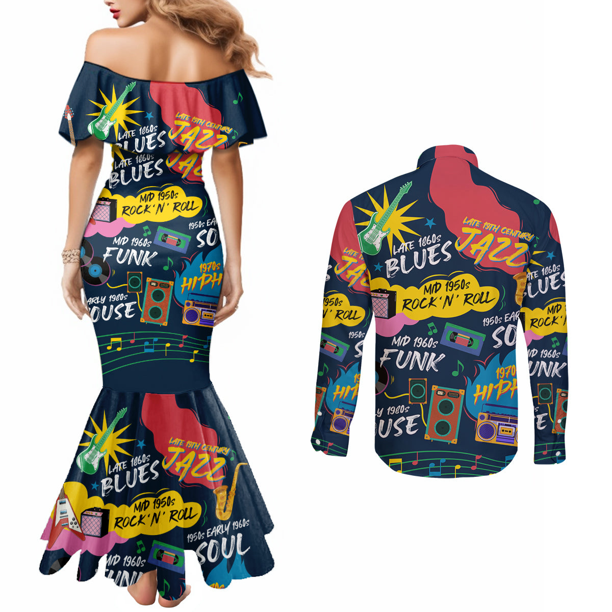 Music That Makes Us Proud African Couples Matching Mermaid Dress and Long Sleeve Button Shirt Black People