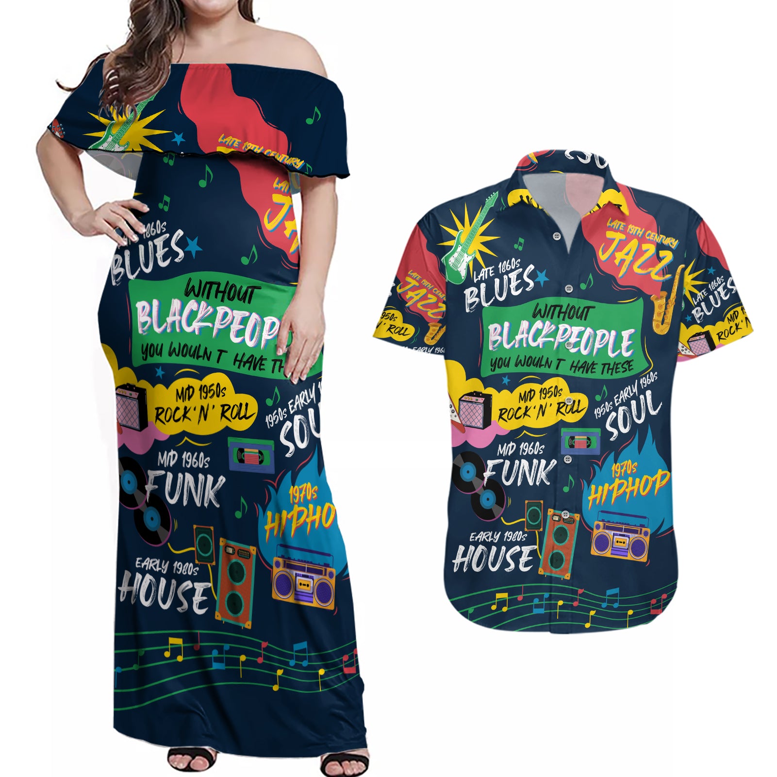 Music That Makes Us Proud African Couples Matching Off Shoulder Maxi Dress and Hawaiian Shirt Black People - Wonder Print Shop