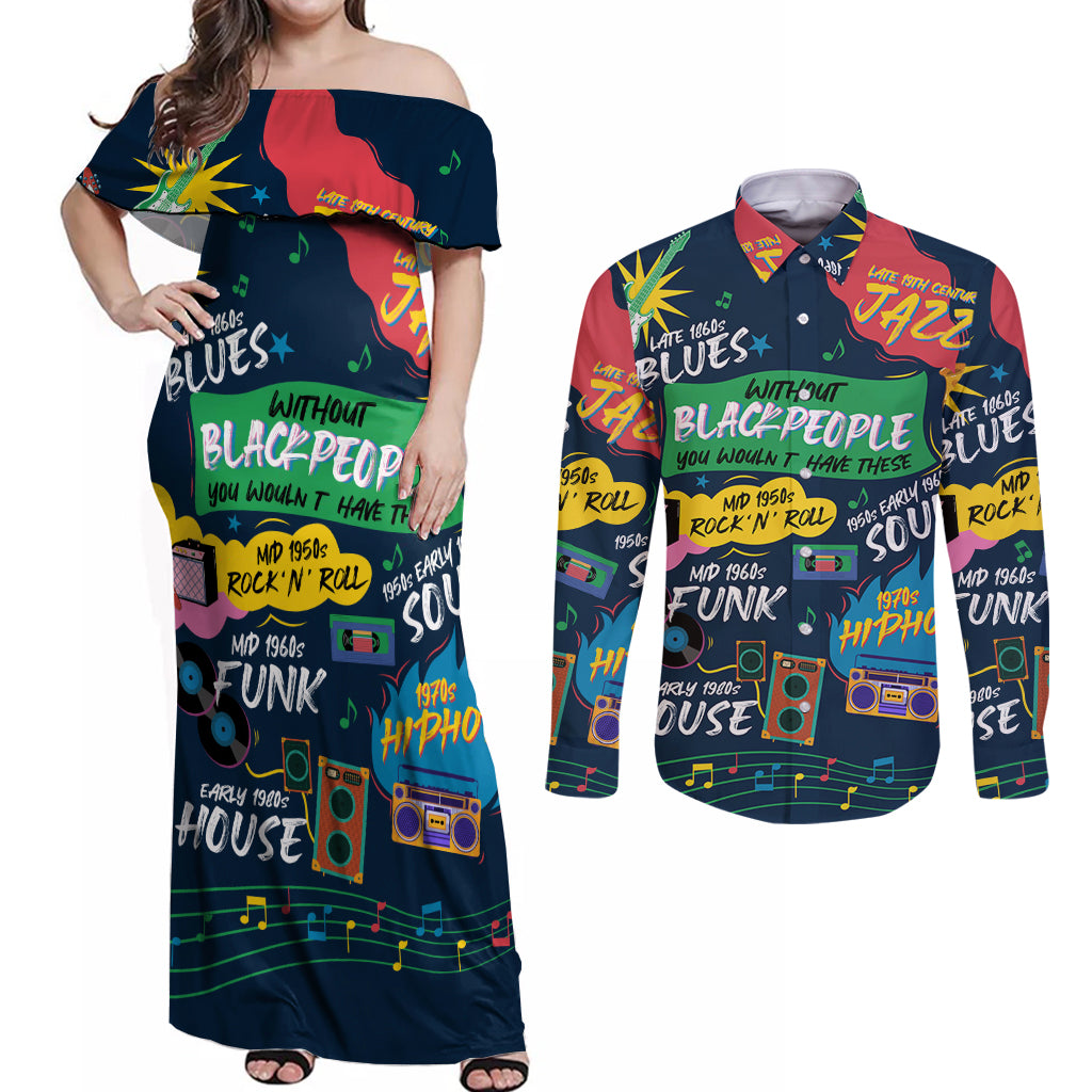 Music That Makes Us Proud African Couples Matching Off Shoulder Maxi Dress and Long Sleeve Button Shirt Black People - Wonder Print Shop