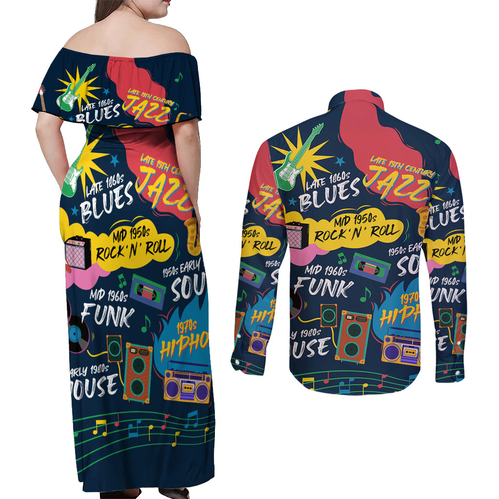 Music That Makes Us Proud African Couples Matching Off Shoulder Maxi Dress and Long Sleeve Button Shirt Black People - Wonder Print Shop