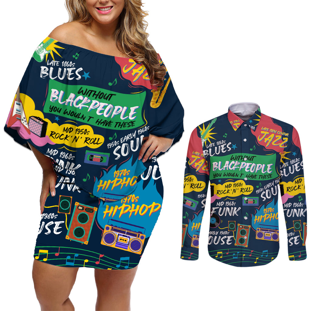 Music That Makes Us Proud African Couples Matching Off Shoulder Short Dress and Long Sleeve Button Shirt Black People - Wonder Print Shop