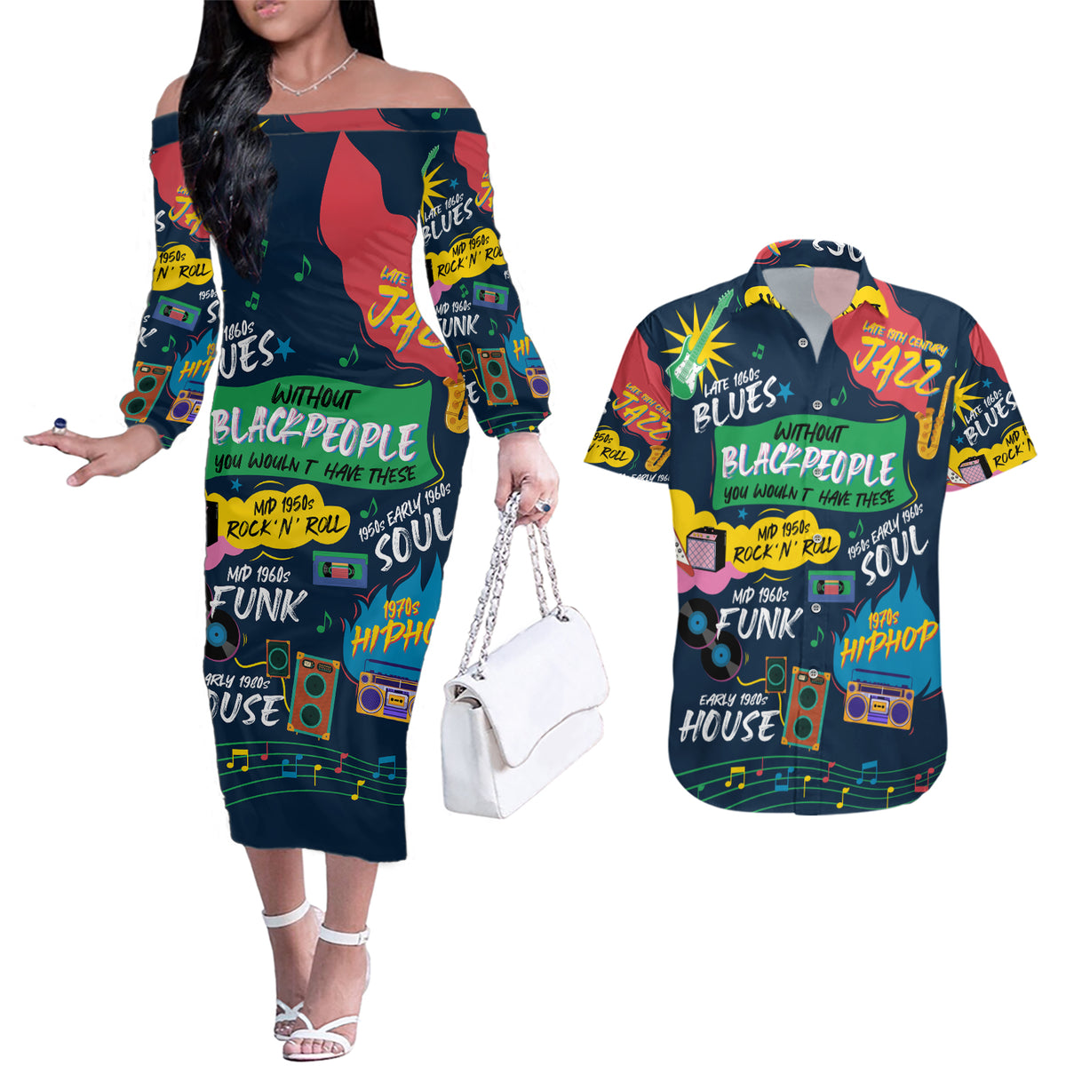 Music That Makes Us Proud African Couples Matching Off The Shoulder Long Sleeve Dress and Hawaiian Shirt Black People - Wonder Print Shop