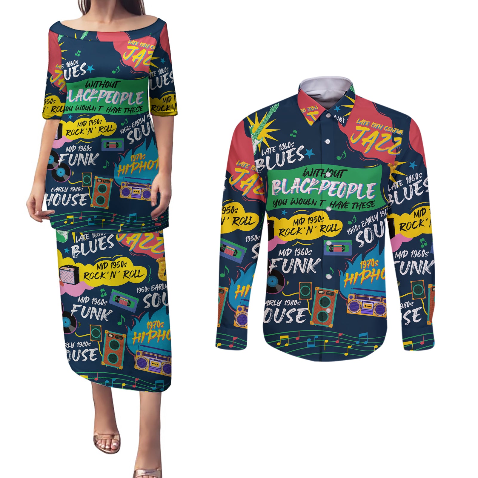 Music That Makes Us Proud African Couples Matching Puletasi and Long Sleeve Button Shirt Black People - Wonder Print Shop