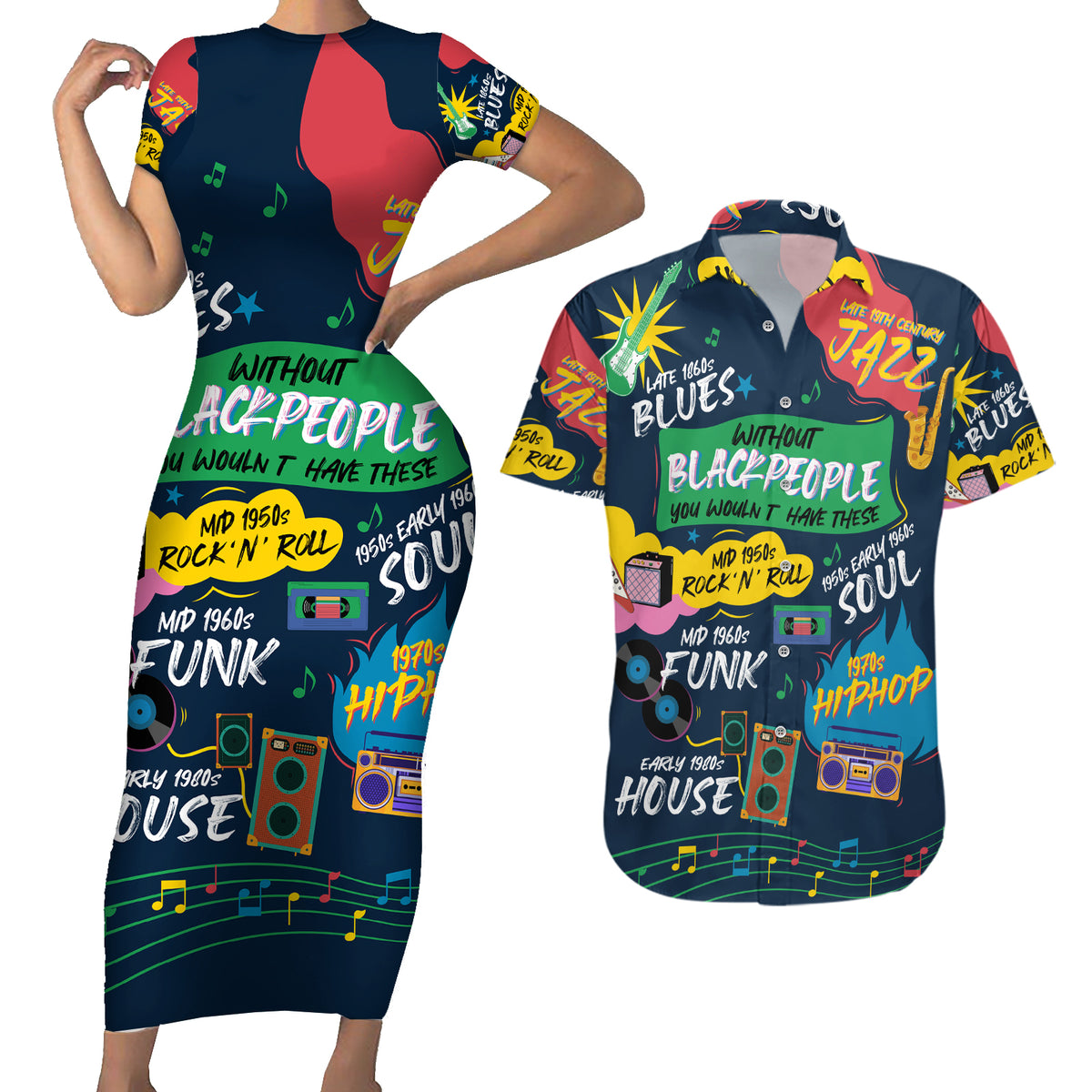 Music That Makes Us Proud African Couples Matching Short Sleeve Bodycon Dress and Hawaiian Shirt Black People - Wonder Print Shop