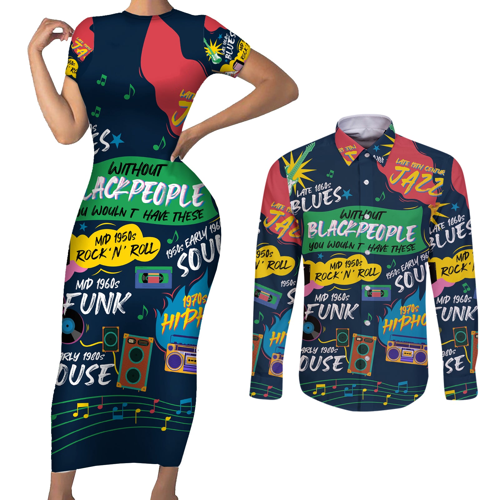 Music That Makes Us Proud African Couples Matching Short Sleeve Bodycon Dress and Long Sleeve Button Shirt Black People - Wonder Print Shop