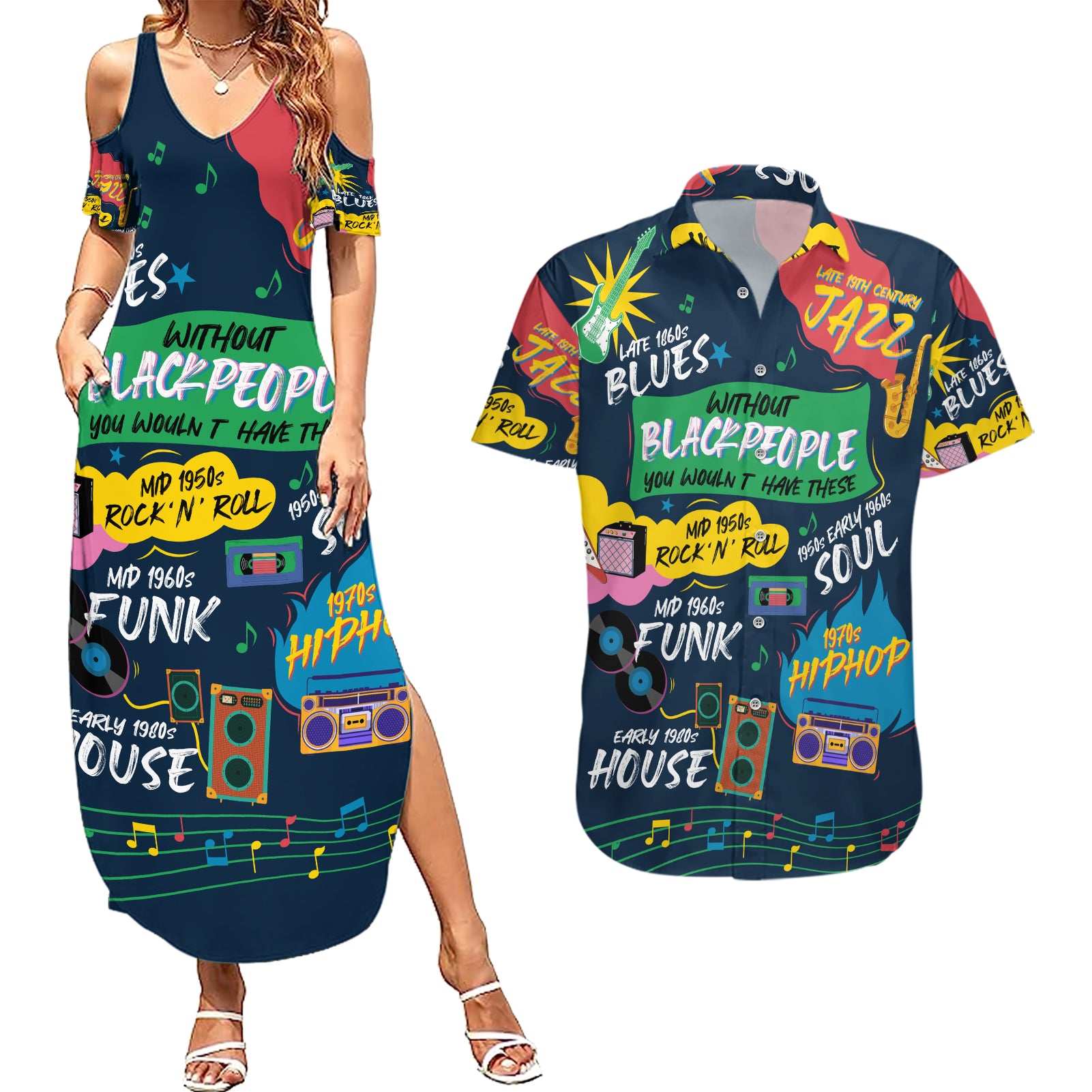 Music That Makes Us Proud African Couples Matching Summer Maxi Dress and Hawaiian Shirt Black People - Wonder Print Shop