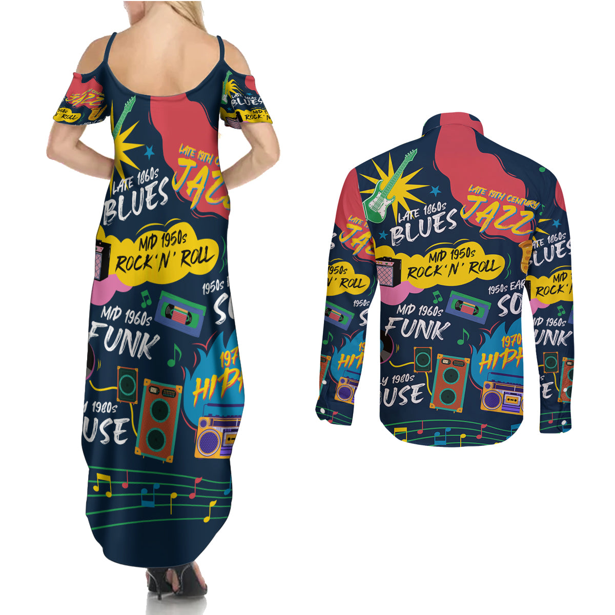 Music That Makes Us Proud African Couples Matching Summer Maxi Dress and Long Sleeve Button Shirt Black People - Wonder Print Shop