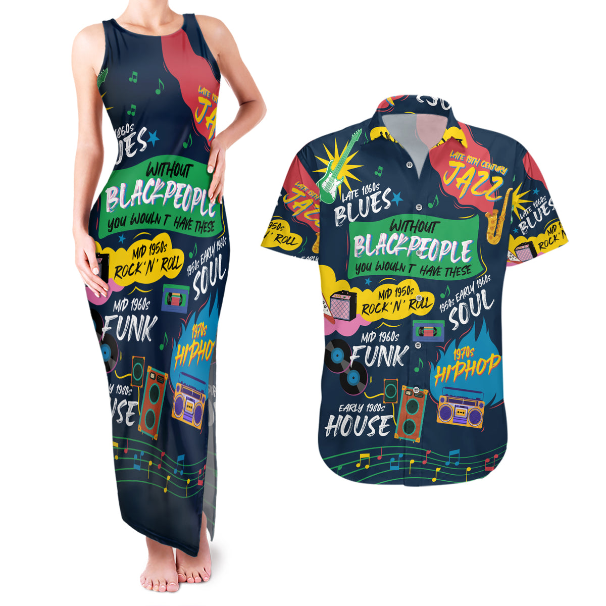 Music That Makes Us Proud African Couples Matching Tank Maxi Dress and Hawaiian Shirt Black People - Wonder Print Shop