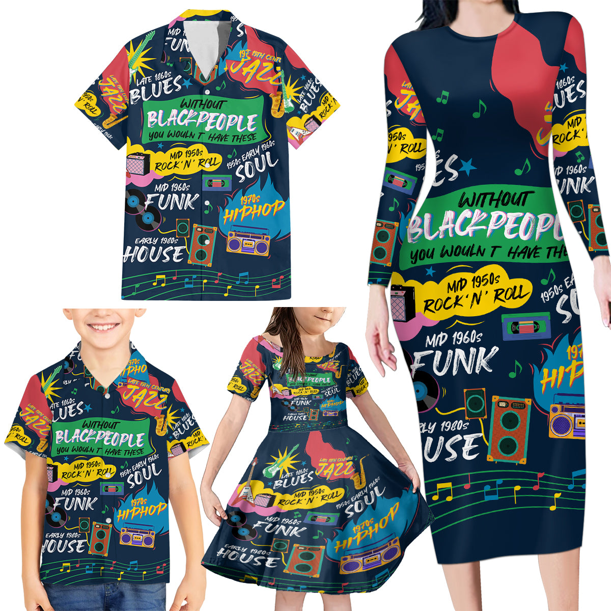 Music That Makes Us Proud African Family Matching Long Sleeve Bodycon Dress and Hawaiian Shirt Black People - Wonder Print Shop